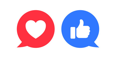 Like and love icon button. Thumbs up and heart flat icon in modern speech bubble shapes , Social media notification icons. emoji post reactions set. Vector illustration