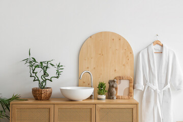 Interior of modern stylish bathroom with sink, houseplants and hanging bathrobe