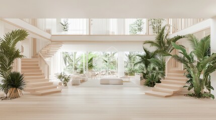 Modern Minimalist Interior Design with Wooden Stairs and Tropical Plants