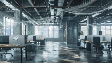 An abandoned office with a flooded floor, desks, chairs, and a city view outside the windows.