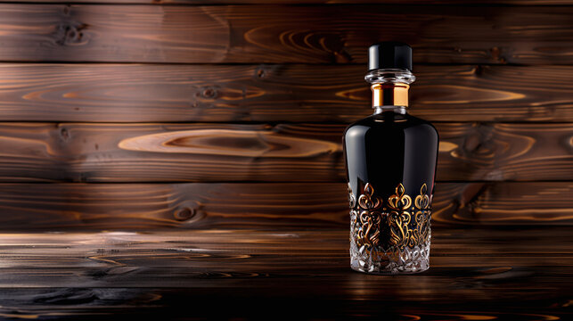 a luxurious fernet bottle with an intricate, transparent design, placed against a dark wooden background