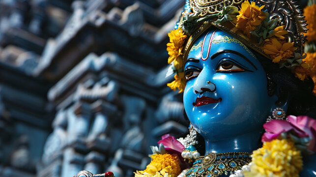 a majestic idol of Lord Krishna adorned with garlands