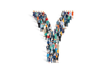 Illustration vectorielle représentant la lettre Y de l'alphabet constituée d'une foule de personnages d'âge, de races et de sexes différents