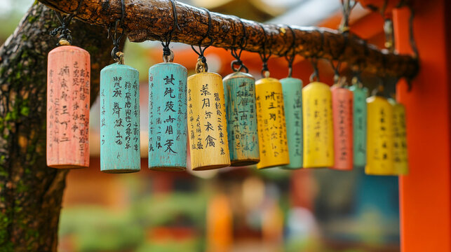 Colorful japanese omikuji fortune papers hanging from a branch at a temple in kyoto, japan - Powered by Adobe