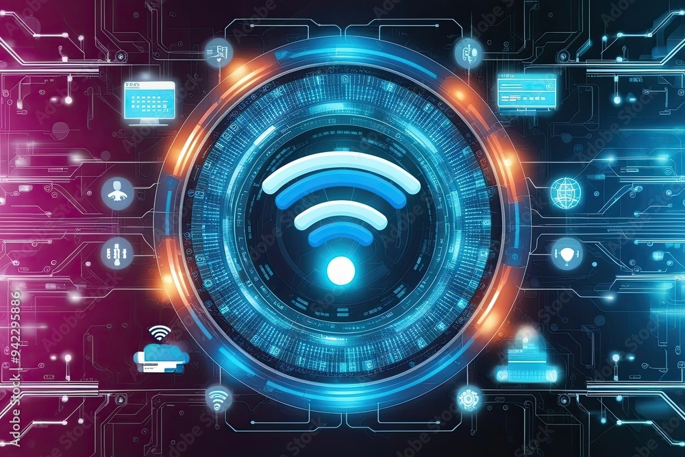 Poster vibrant wifi communication tapestry woven from abstract data and technology elements