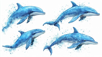 Obraz premium Watercolor Dolphin Set: A collection of four playful dolphins leaping gracefully through the water, captured in a stunning watercolor style. This whimsical set is perfect for adding a touch of ocean