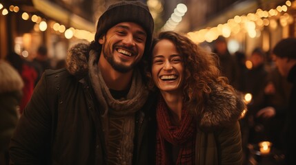 Obraz premium image of happy adorable diverse couple enjoying Christmas eve on a Christmas decorated city street