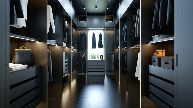  modern walk-in closet with a dark, sophisticated color palette