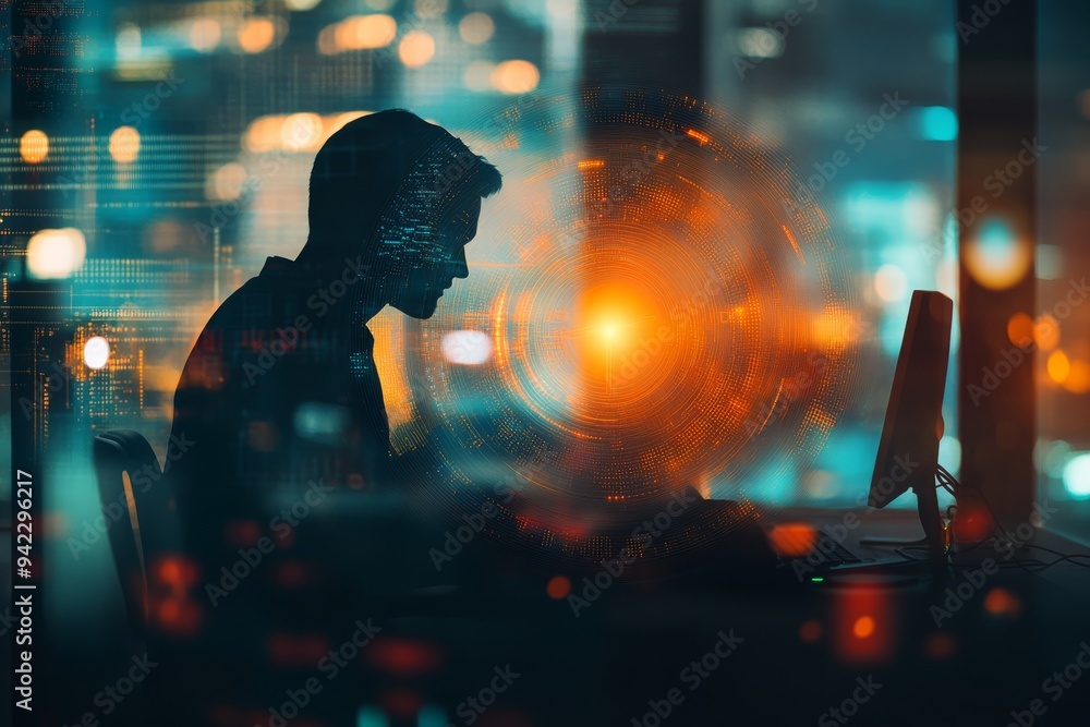 Poster a striking silhouette of a hacker sitting at a desk and intently using a computer, symbolizing the c