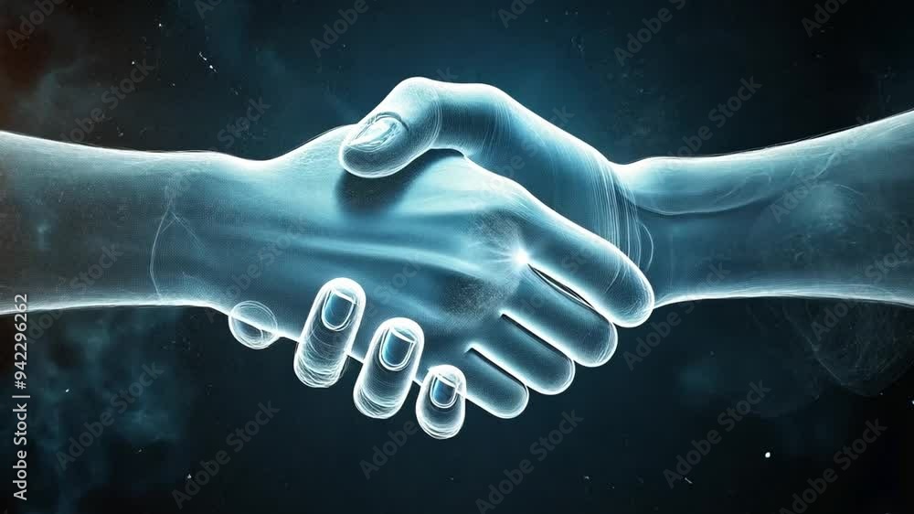 Poster two hands in a digital style perform a handshake, symbolizing cooperation and connection in a high-t