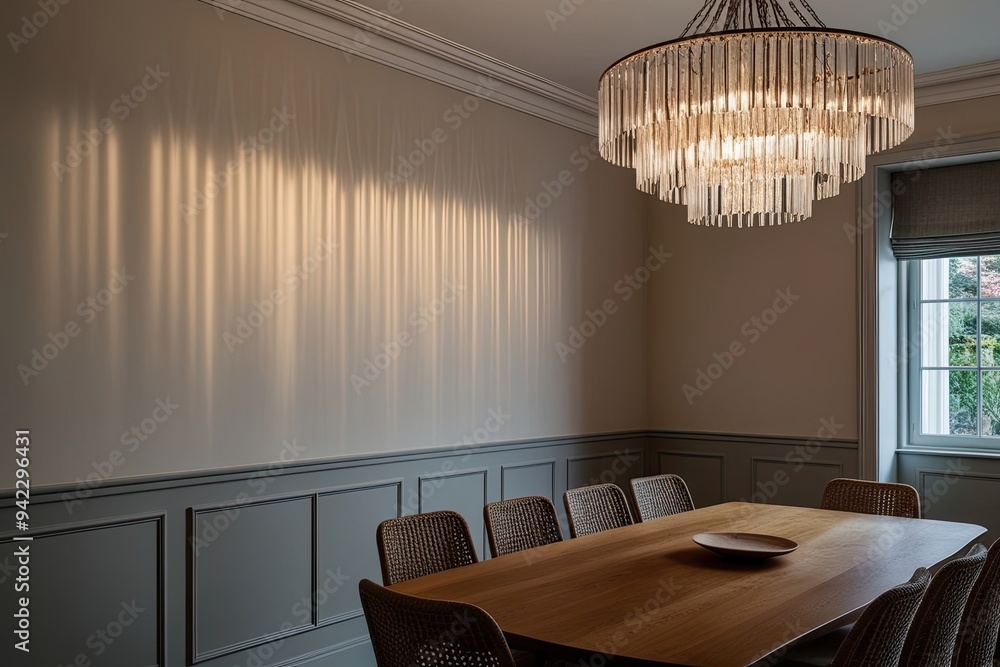 Poster subtle glow and elegant shadow patterns on isolated wall in cozy dining space illuminated by chandel
