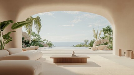 Modern Minimalist Living Room with Ocean View and Infinity Pool