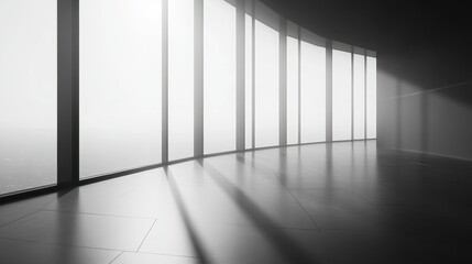 Modern Minimalist Office Interior with Large Windows and Sunlight