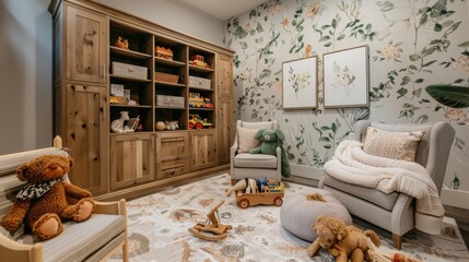 Elegant Playroom Retreat: Stylish Child's Room with Wooden Cabinet and Eucalyptus Walls