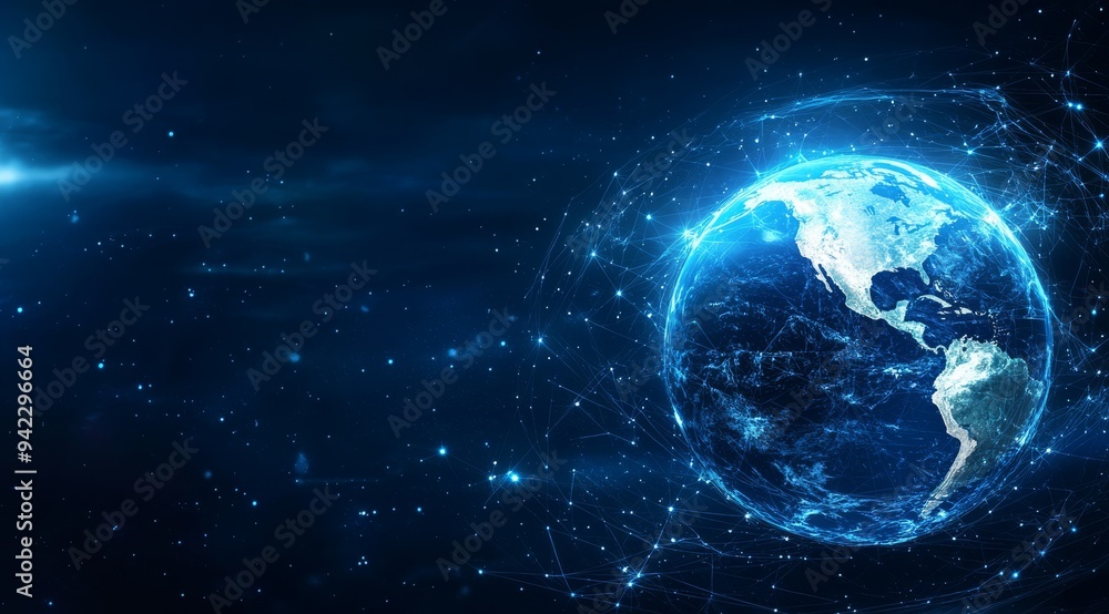Poster an imaginative and abstract representation of a luminous digital globe, intricately connected by int