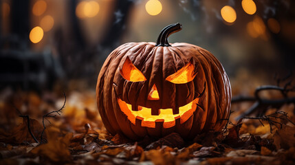 Fierce Jack-O'-Lantern in an Eerie Autumn Forest Halloween Night
