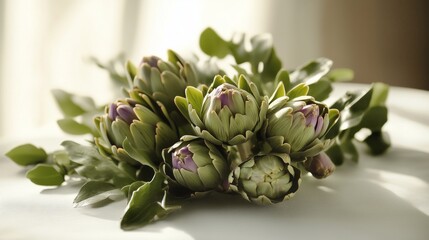 Artichoke flowers on a white table create a striking contrast against a gray backdrop, radiating tranquility.