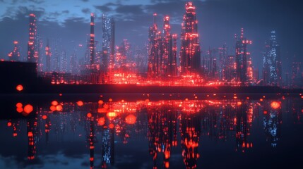 Obraz premium Futuristic Cityscape with Red Lights and Reflections