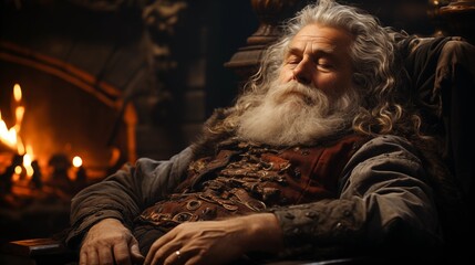 Obraz premium Image of kind and serene Santa sleeping next to the fireplace