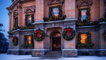 Obraz premium Classic architectural residence adorned with festive wreaths and snow, creating a warm holiday atmosphere. Ideal for seasonal celebrations and winter imagery.