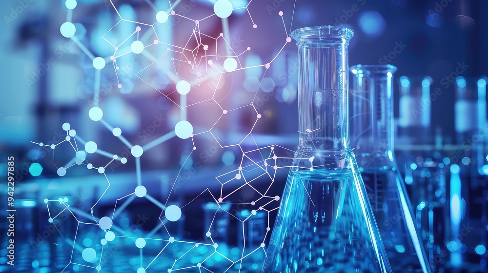 Poster closeup of a beaker with blue liquid in a laboratory setting with a network overlay.