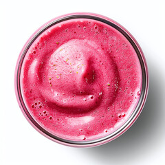 top view of a glass of a creamy strawberry smoothie, seen from above, white background