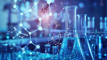 Closeup of a beaker with blue liquid in a laboratory setting with a network overlay.