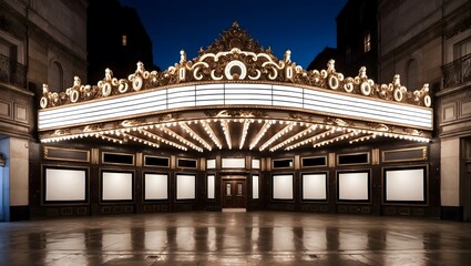 Stunning vintage theater entrance adorned with bright lights, exuding a nostalgic charm in a quiet urban setting at twilight.
