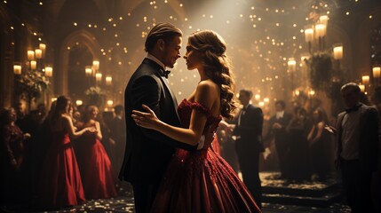 Image of low section of the waltz dancing anonymous peoples at the ball in a Christmas decorated restaurant