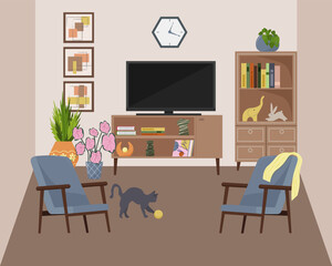 Living room interior with sofa and TV. Two cozy armchairs. Bookcase, books and figurines. Decorative plants in pots. Cat playing with a ball. Pictures on the wall. Vector illustration
