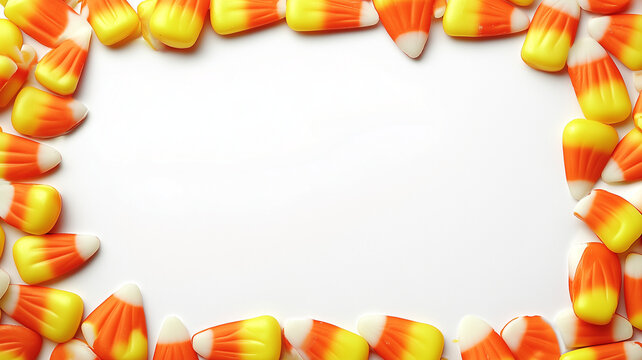 A blank copy space, Halloween sign with a candy corn border and an empty white center area for a custom trunk or treat message - a fun graphic trick or treat frame with Copyspace