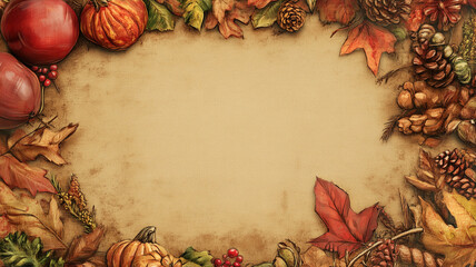 Fototapeta premium A thanksgiving themed sign with blank copyspace for a custom Holiday message - pumpkins, leaves and fall elements make a border for signage, menu invitation or poster - off white backround