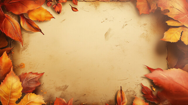 Leaves in red gold and orange form a border for signage, menu invitation or poster. A thanksgiving Holiday themed sign with blank copyspace for a custom message - p