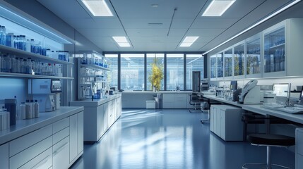 Modern Laboratory Interior with Glass Cabinets and Equipment