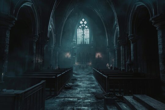 Pews and seats inside a dimly lit church
