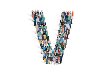 Illustration vectorielle représentant la lettre V de l'alphabet constituée d'une foule de personnages d'âge, de races et de sexes différents