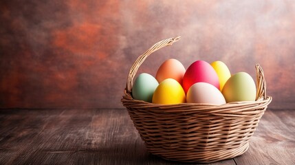 colorful easter eggs in basket . With copy space