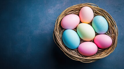 colorful easter eggs in basket . With copy space
