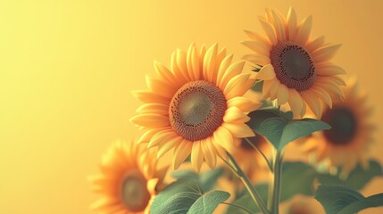 Obraz premium Close Up of Bright Yellow Sunflowers with Green Leaves Against a Warm Yellow Background