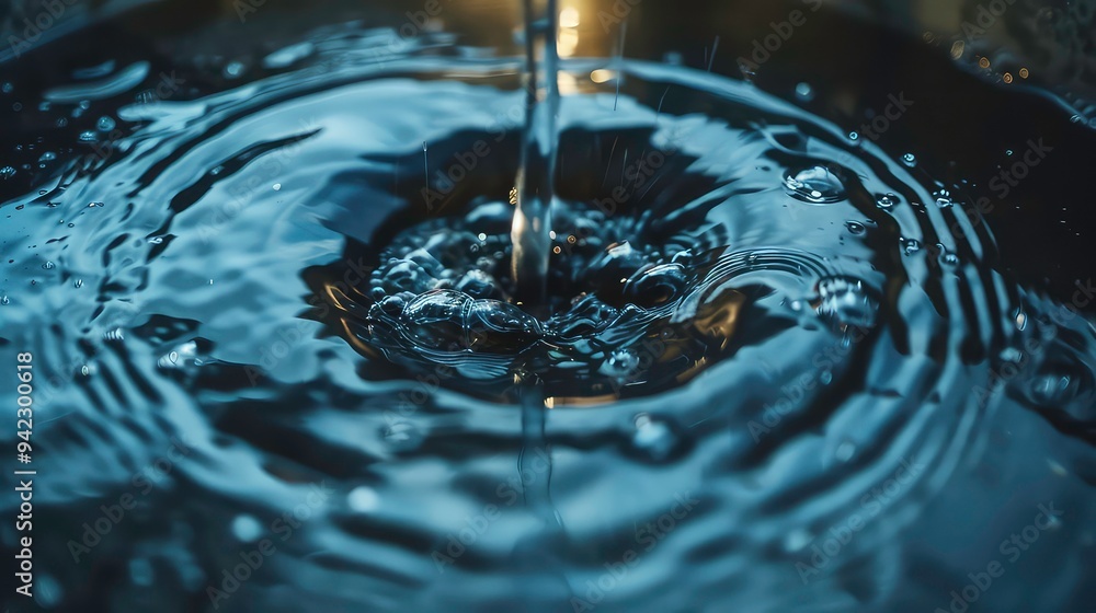 Poster closeup of water droplets splashing and creating ripples in a dark liquid.
