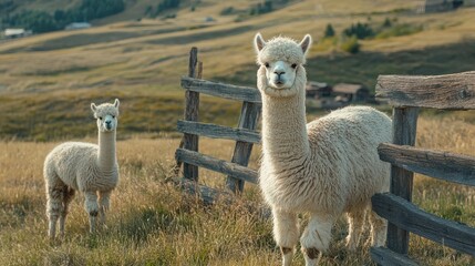 White Alpaca Looking Over Wooden Fence in Grassy Field