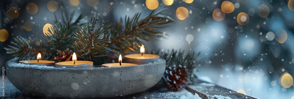 Poster empty frame for text in a winter still life featuring glowing candles and pine branches in a concret