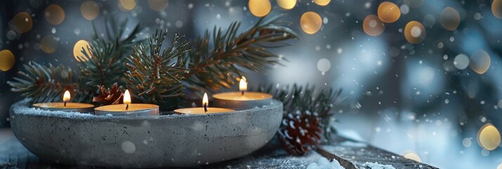 Empty frame for text in a winter still life featuring glowing candles and pine branches in a concrete pot, ideal for inspirational messages and winter atmosphere.