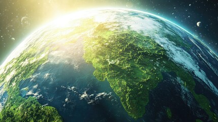 Earth Day background, with clear atmosphere, warm sunlight casting soft shadows on lush landscapes