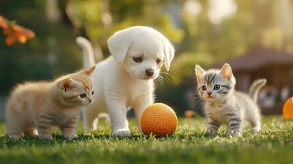 Fototapeta premium A playful puppy and kittens exploring a sunny garden with an orange ball.