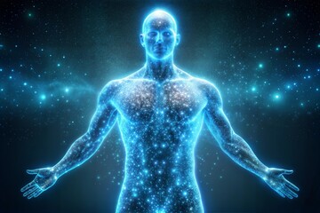 digital composite of man with glowing lines and particles