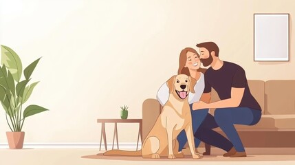 A cartoon illustration of a man and woman sitting on the couch with their dog, AI