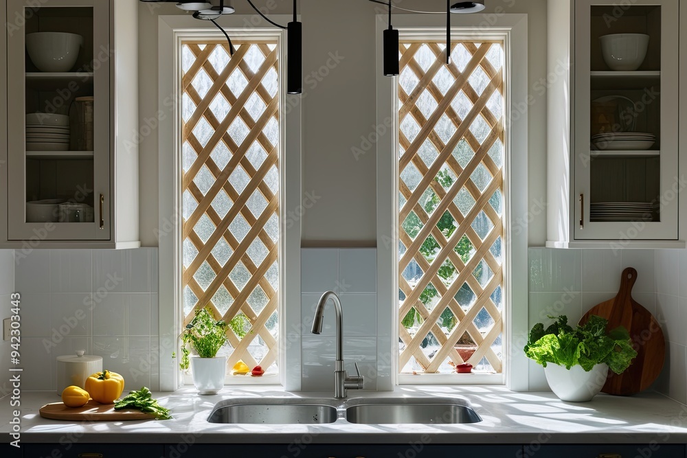 Poster whispering shadow overlay effect on clear background with lattice light in kitchen design