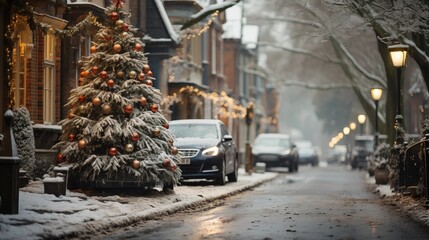 image of smiling young male looking at camera while standing and carrying Christmas tree on blurred street with snow parked cars houses