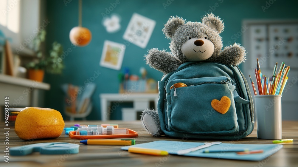 Poster A teddy bear sitting on a desk with school supplies, AI